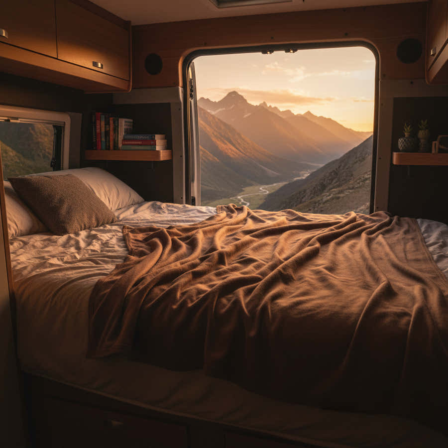Bark brown Merino wool blanket draped across a camper van bed with mountain view